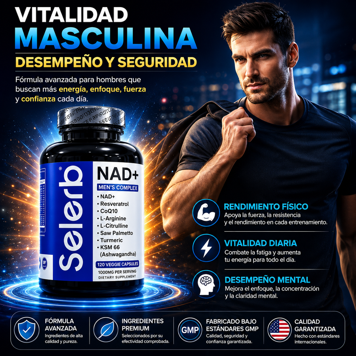 Selerb NAD+ Men's Complex | Más Energía, Enfoque y Vitalidad Masculina | + Guia digital de REGALO para aumentar testosterona de forma natural