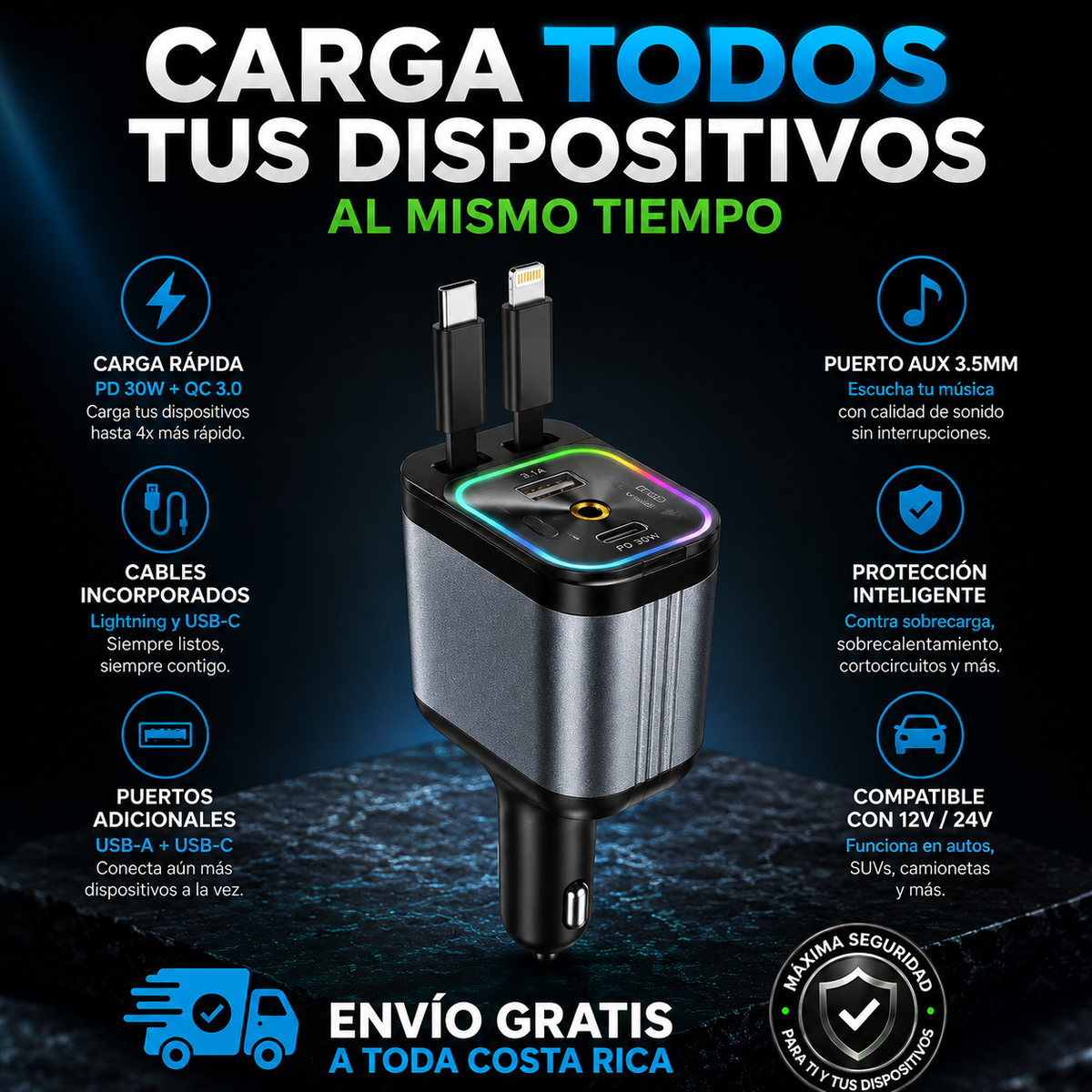 Cargador 5 en 1 para vehículos con aromaterapia y luz proyectora de estrellas