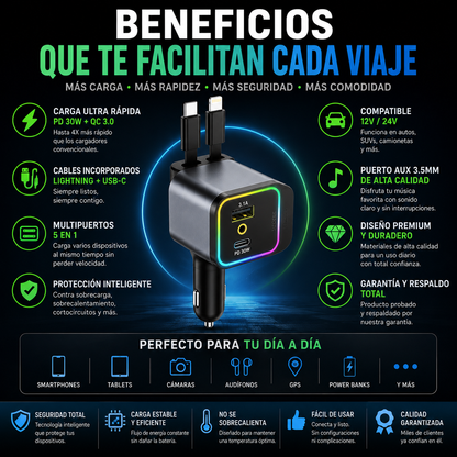 Cargador 5 en 1 para vehículos con aromaterapia y luz proyectora de estrellas