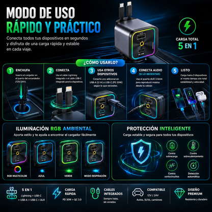 Cargador 5 en 1 para vehículos con aromaterapia y luz proyectora de estrellas