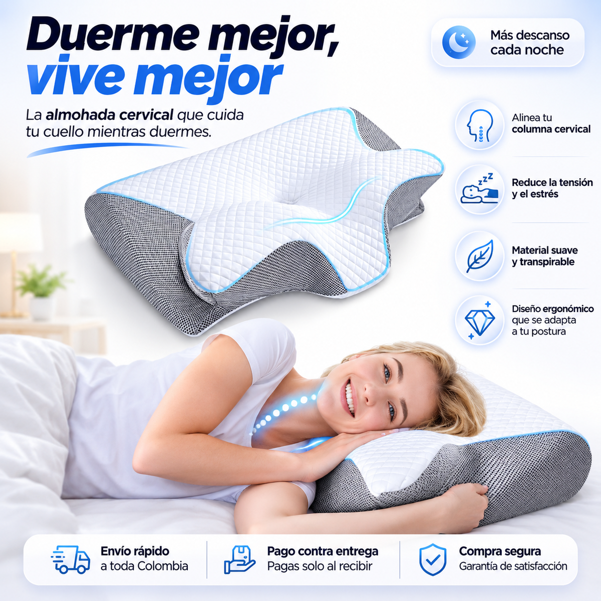 Almohada Cervical Premium™ Descansa mejor cada noche 🎁 Incluye GRATIS la Guía Digital "7 Hábitos para Dormir Mejor"