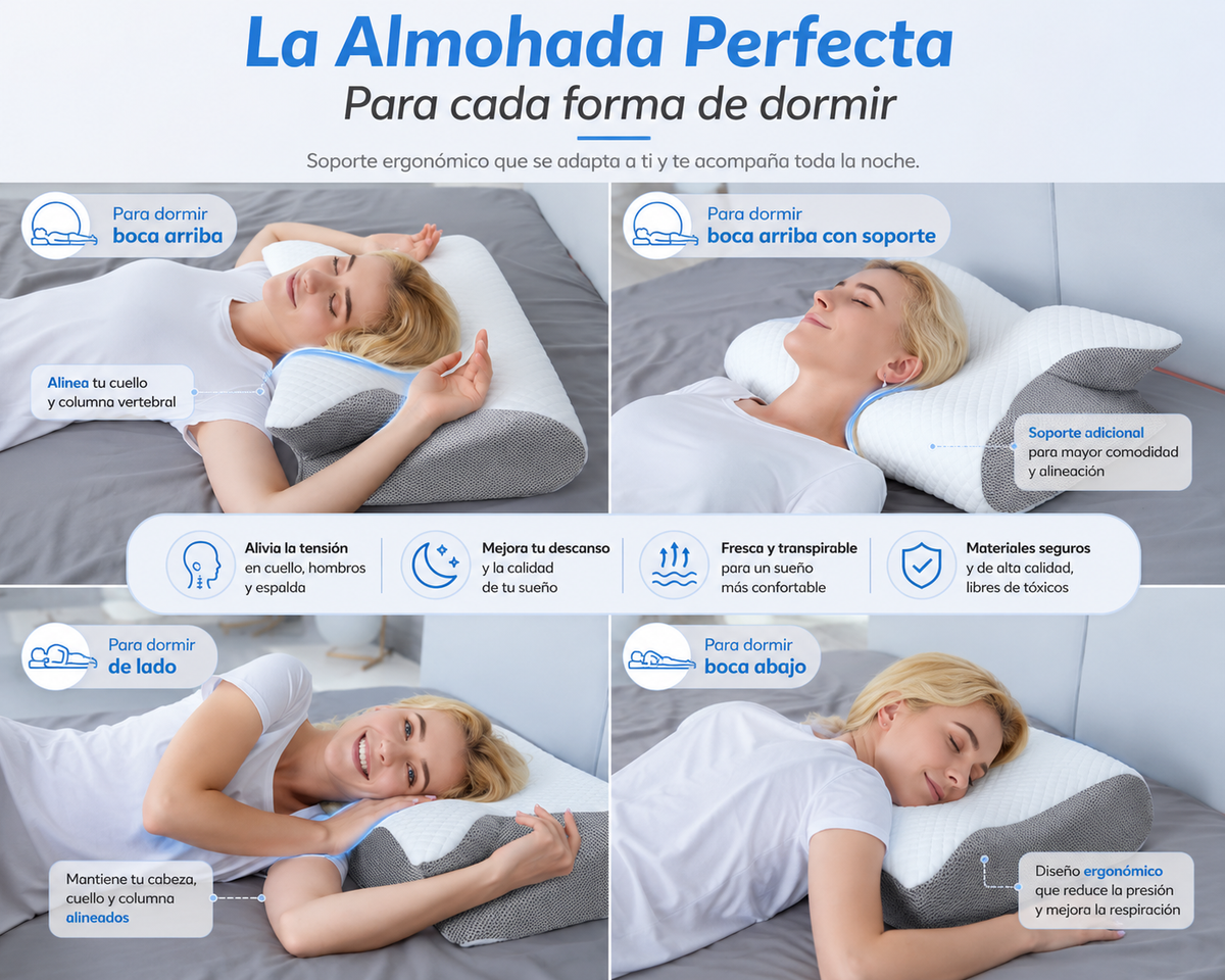 Almohada Cervical Premium™ Descansa mejor cada noche 🎁 Incluye GRATIS la Guía Digital "7 Hábitos para Dormir Mejor"
