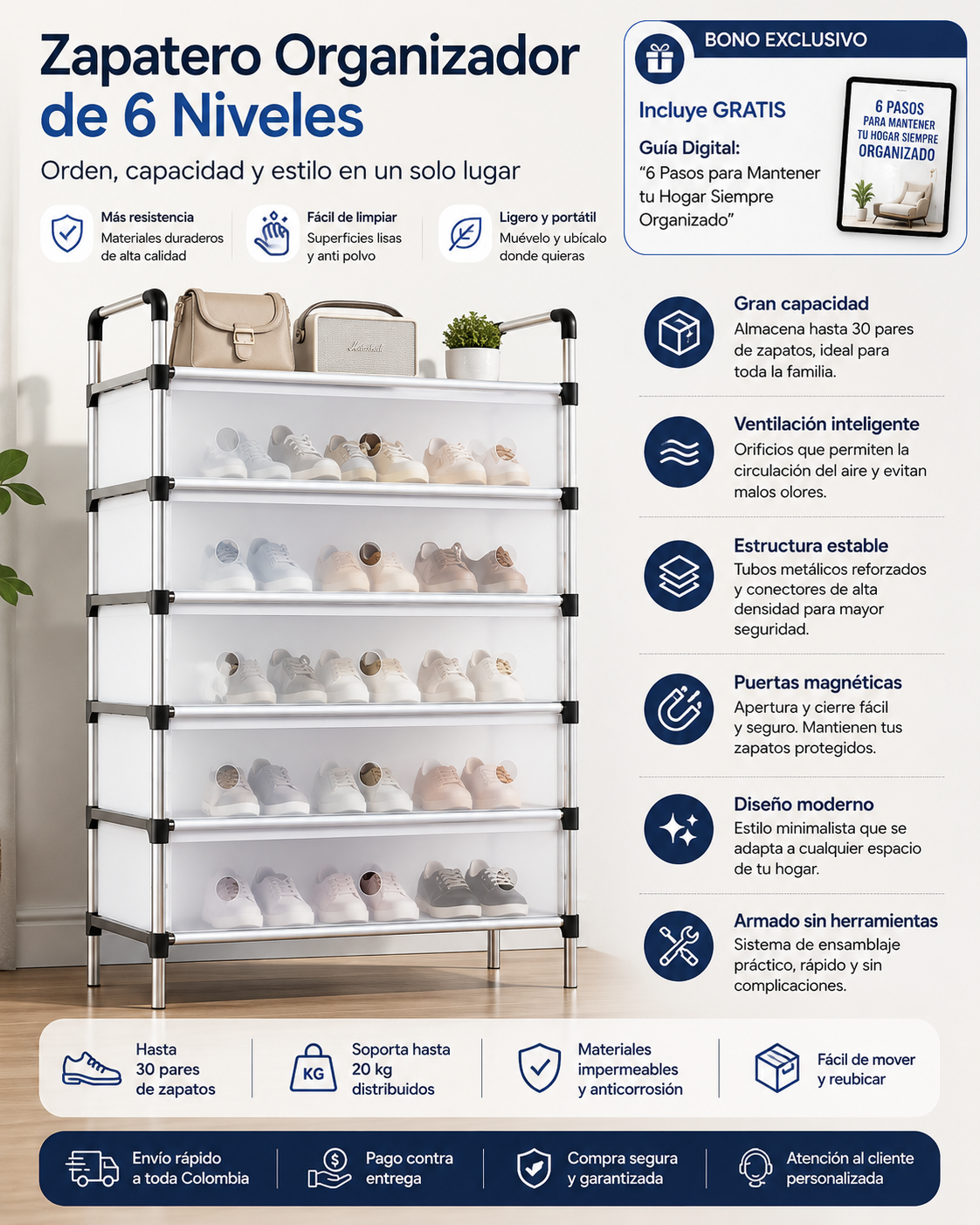Zapatero Premium de 6 Niveles™ | Organiza hasta 30 Pares + Guía Premium de Organización de hogar en menos de 15 minutos