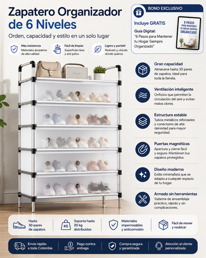 Zapatero Premium de 6 Niveles™ | Organiza hasta 30 Pares + Guía Premium de Organización de hogar en menos de 15 minutos