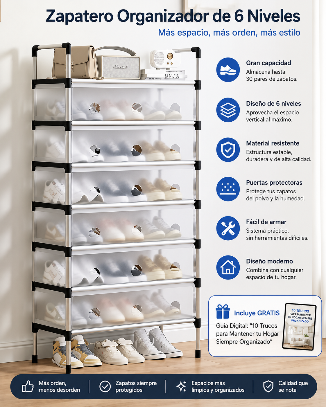Zapatero Premium de 6 Niveles™ | Organiza hasta 30 Pares + Guía Premium de Organización de hogar en menos de 15 minutos