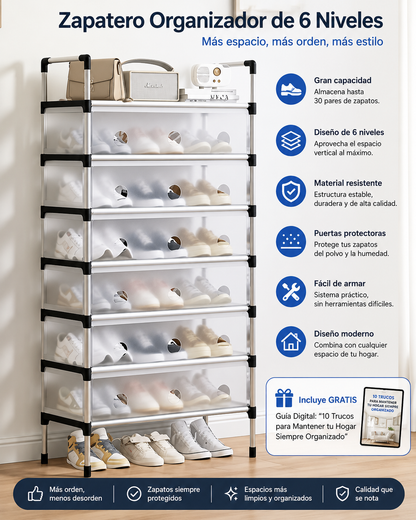 Zapatero Premium de 6 Niveles™ | Organiza hasta 30 Pares + Guía Premium de Organización de hogar en menos de 15 minutos