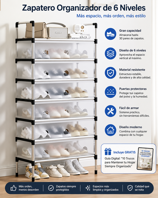 Zapatero Premium de 6 Niveles™ | Organiza hasta 30 Pares + Guía Premium de Organización de hogar en menos de 15 minutos
