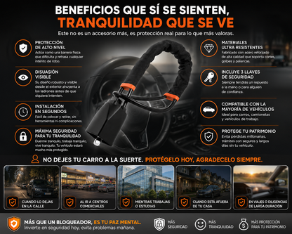 GuardianCar™ | Bloqueador de Volante de Alta Resistencia + Guia de REGALO 10 Errores que Hacen que Roben tu Carro (y Cómo Evitarlos)