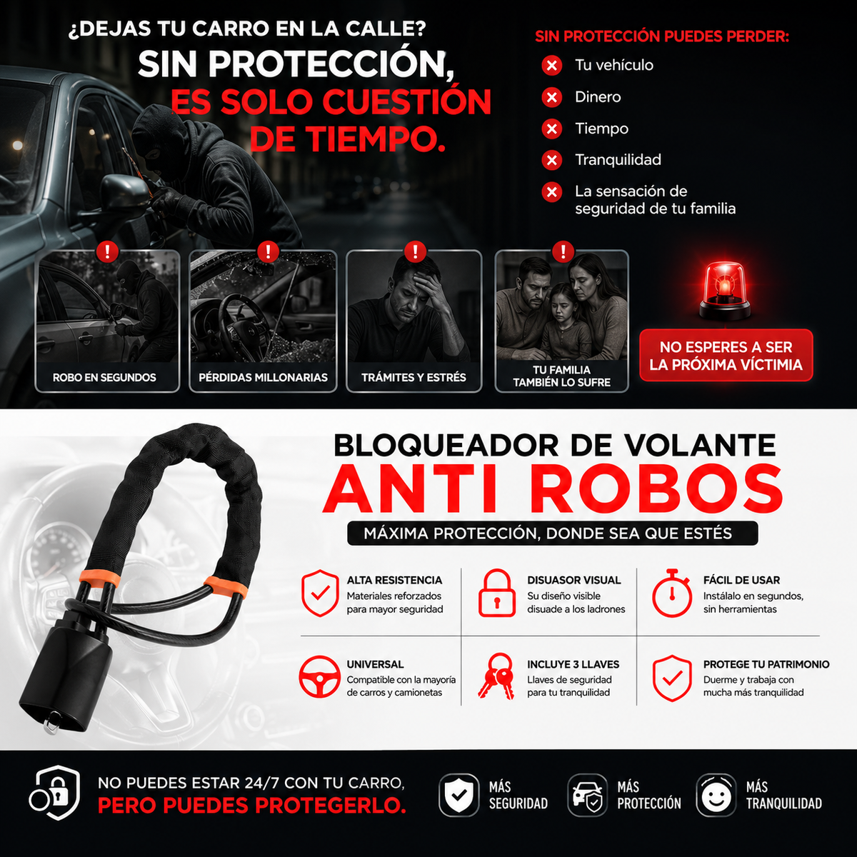 GuardianCar™ | Bloqueador de Volante de Alta Resistencia + Guia de REGALO 10 Errores que Hacen que Roben tu Carro (y Cómo Evitarlos)