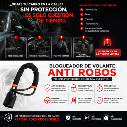 GuardianCar™ | Bloqueador de Volante de Alta Resistencia + Guia de REGALO 10 Errores que Hacen que Roben tu Carro (y Cómo Evitarlos)