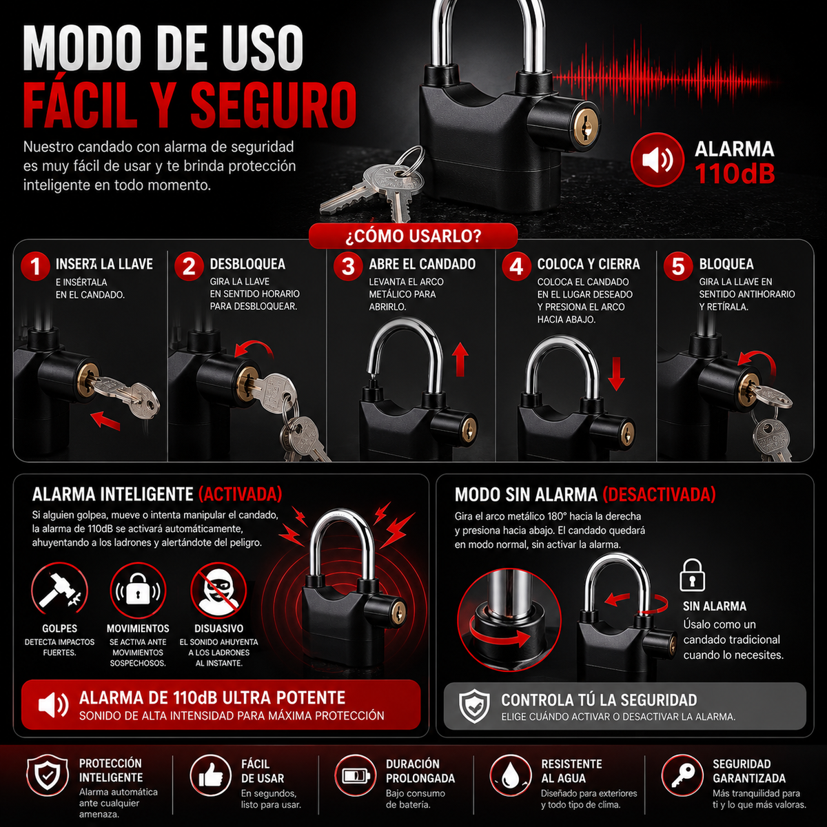 Candado De Seguridad Con Alarma Anti Robos IMPORTADO USA