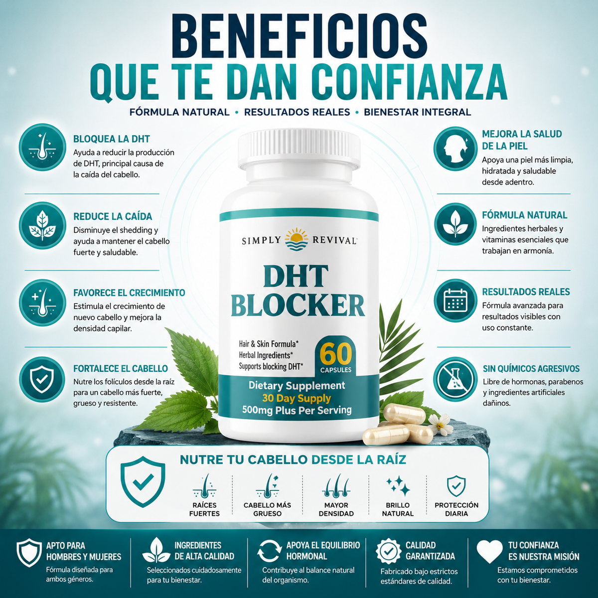 DHT-blocker suplemento anti-caida de cabello 100% naturales IMPORTADO USA + Guia digital de REGALO para Cómo Combatir la Caída del Cabello de Forma Inteligente