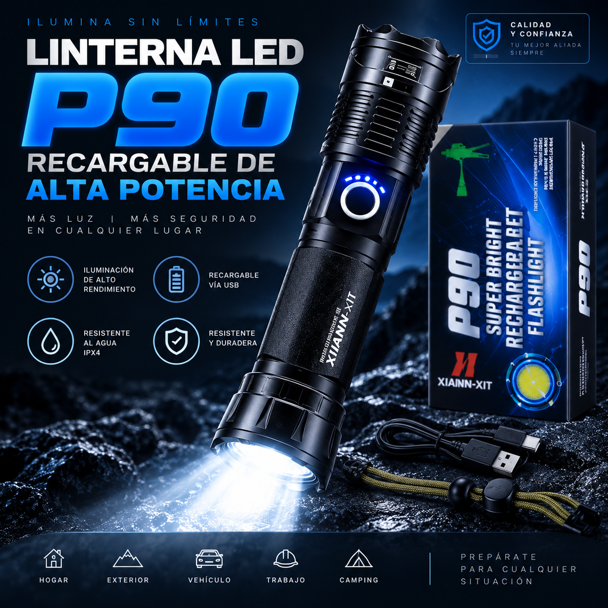 Linterna LED P90 Tactica de Alta Potencia