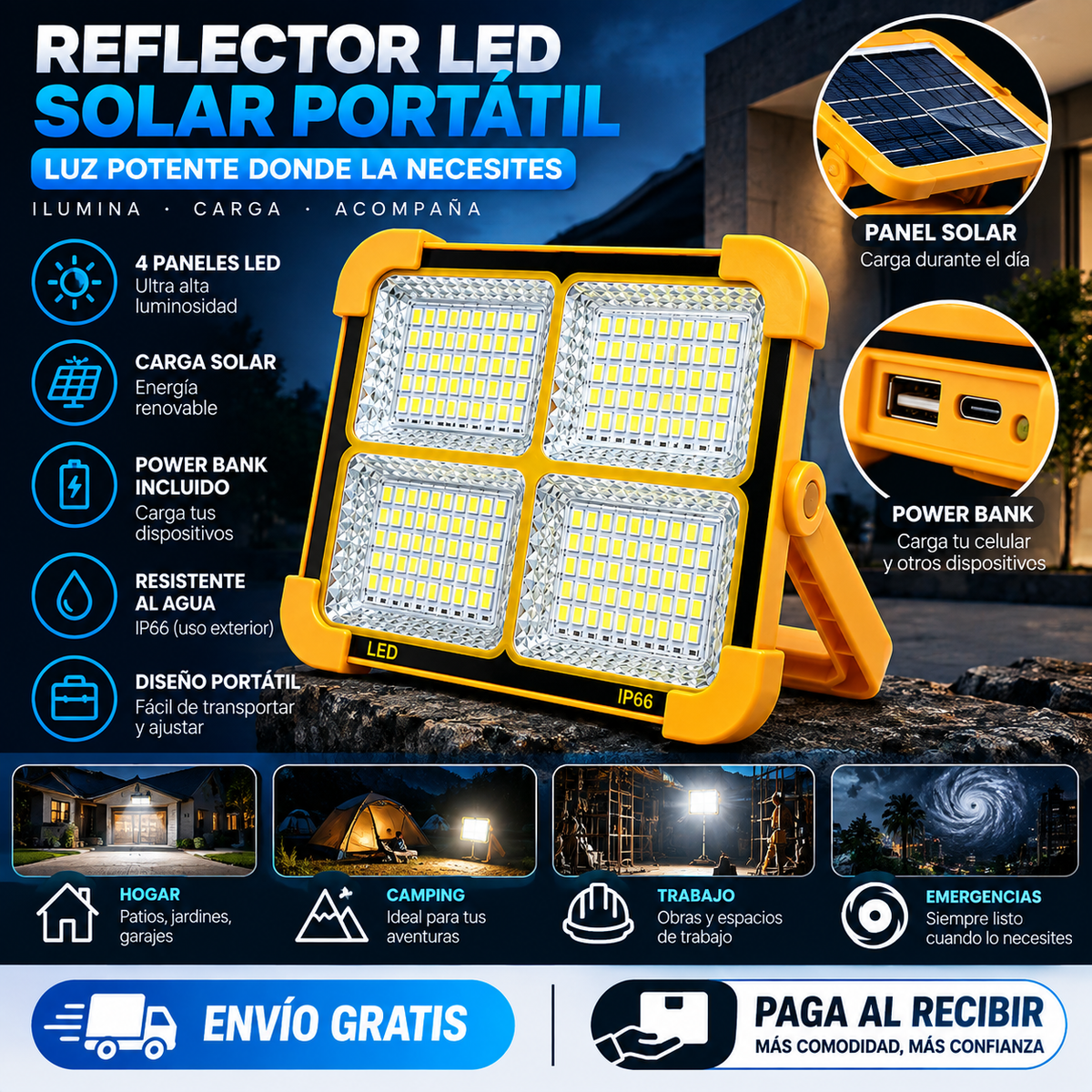 Reflector Solar PowerMax 4X | Luz + Energía Portátil