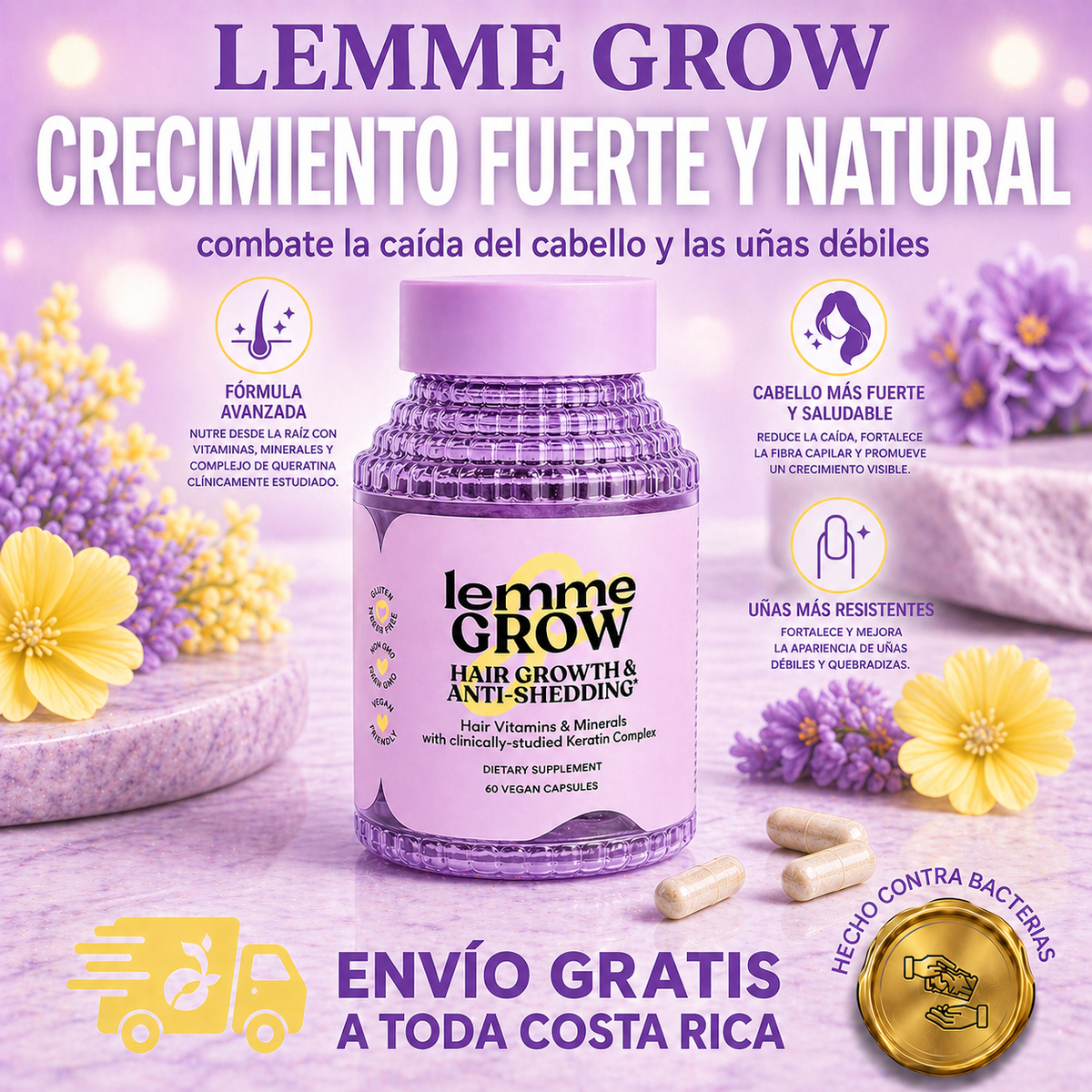 Lemme Grow potenciador de crecimento de cabello y uñas 100% Natural IMPORTADO USA